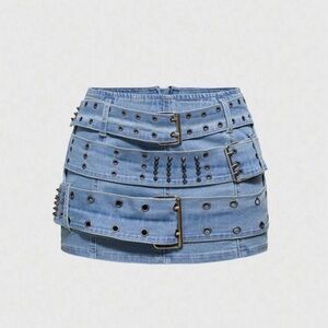 Blue Denim Skirt with Studded Details